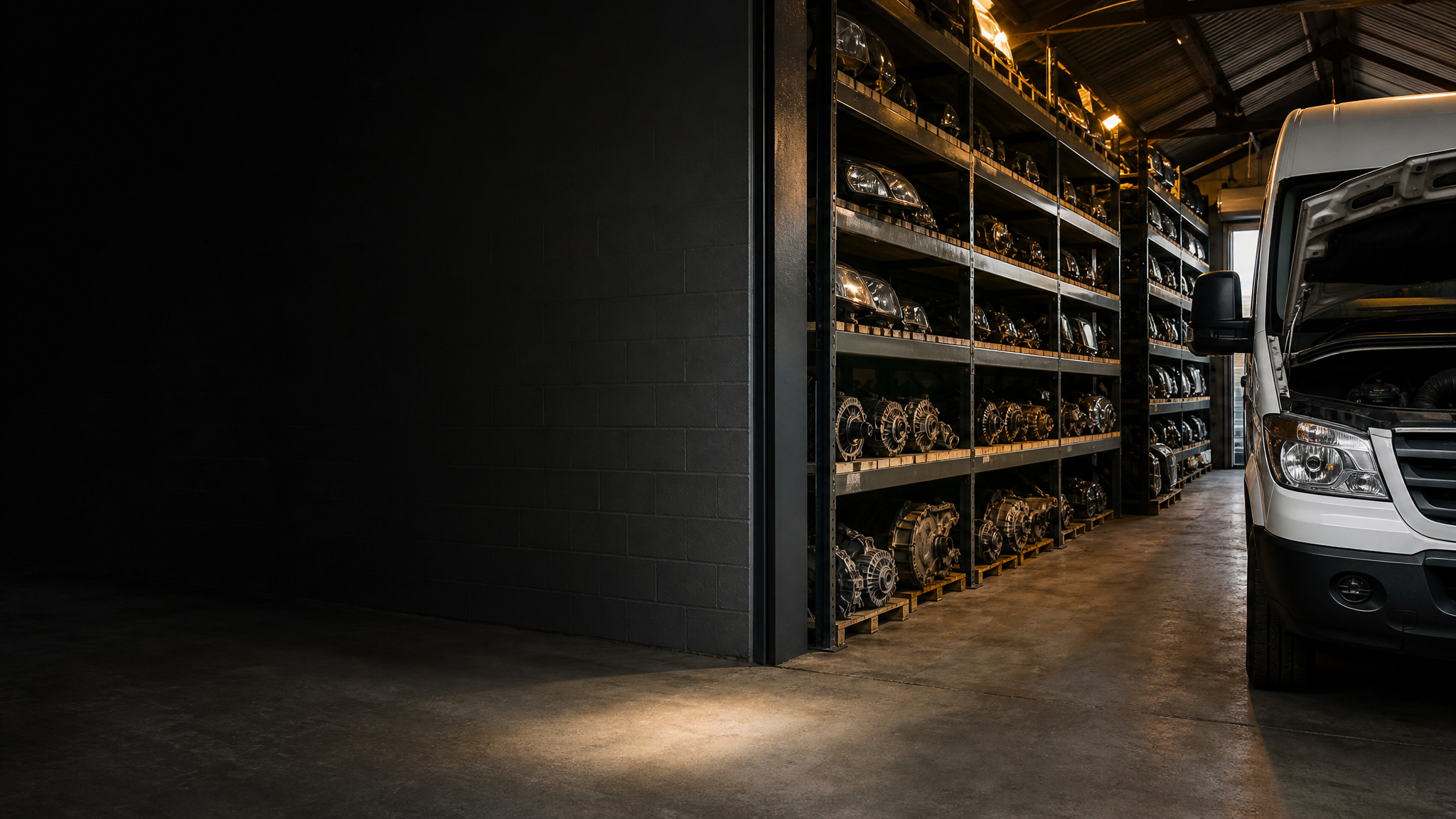 Racks of used van parts stored inside the Kettering Van Centre workshop, with a van parked alongside